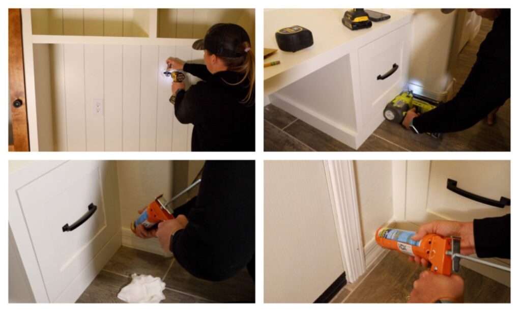 Finished DIY mudroom built-in with a bench, two drawers, open shelving, hooks and a tall wood cabinet