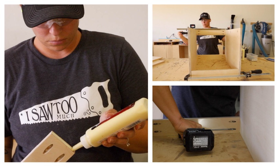 Applying wood glue and assembling the plywood mudroom bench base with pocket screws