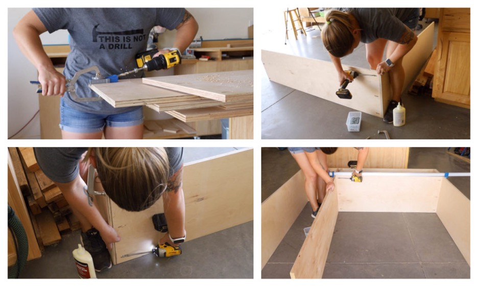 assembling the upper portion of the mudroom cabinet with pocket screws