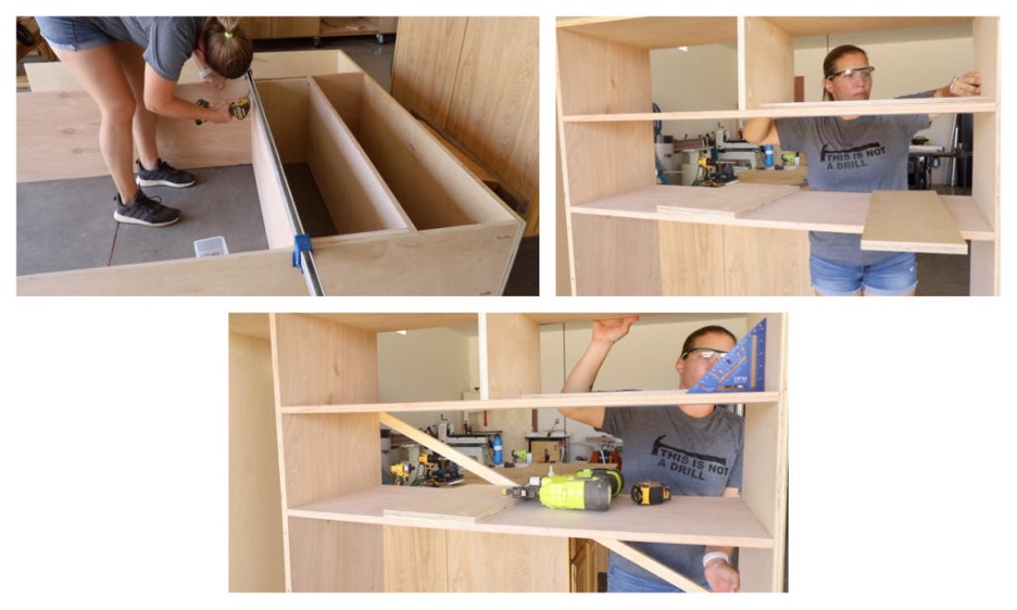 assembling the shelves in the upper portion of the mudroom cabinet