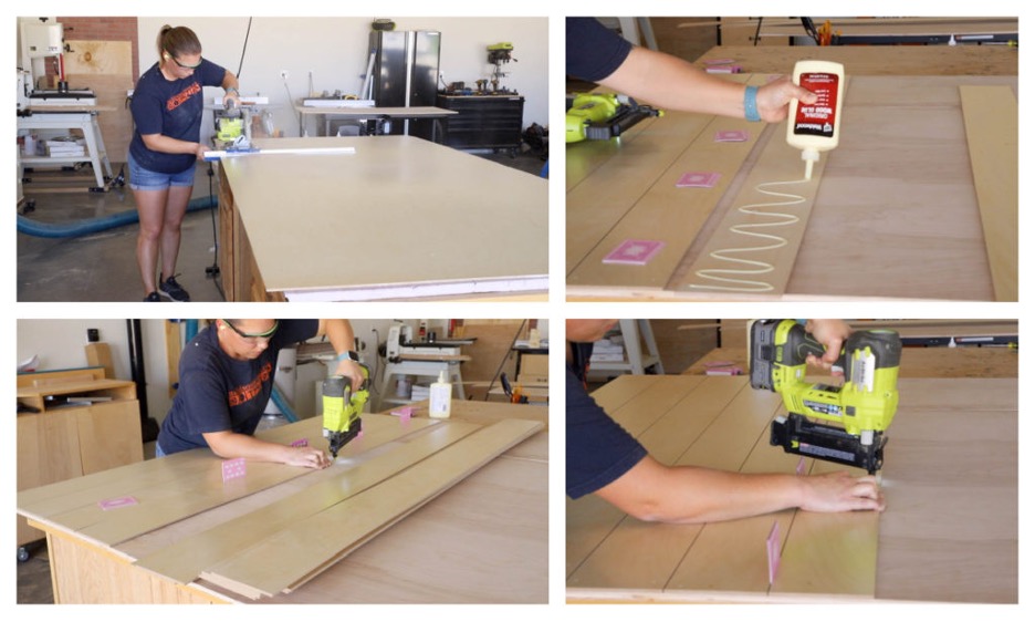 Cutting, gluing and nailing thin plywood strips to create a faux shiplap backing for the mudroom