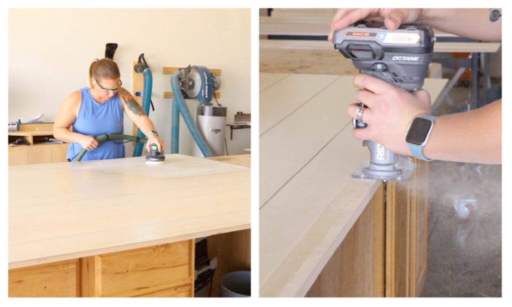 Sanding the faux shiplap panel and trimming the plywood edges flush with a router