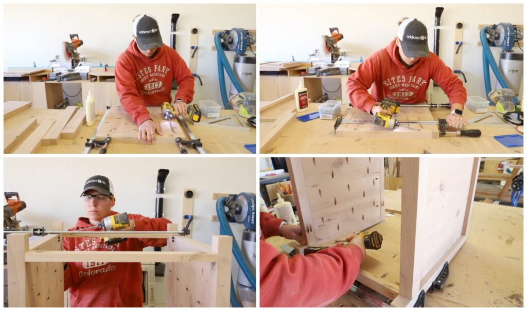 Drilling pocket holes and clamping wood panels together while assembling a DIY side table with storage
