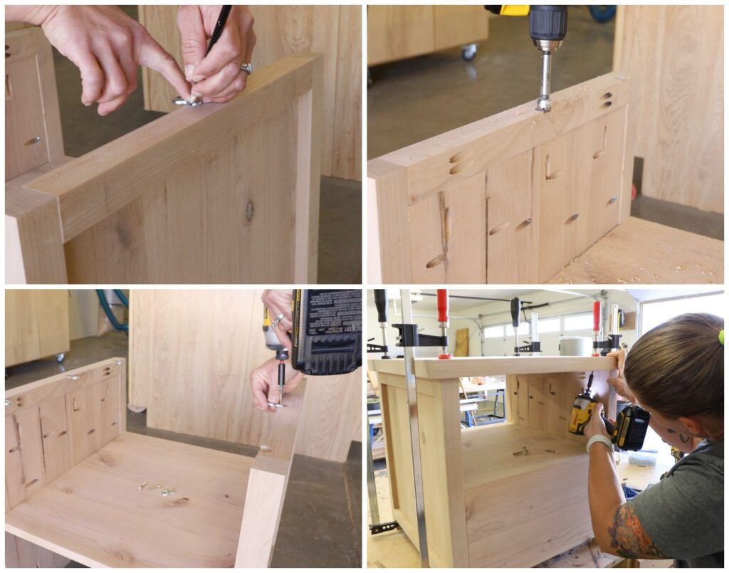 Marking, drilling, and screwing in desktop fasteners to attach a wood table top to a DIY side table base