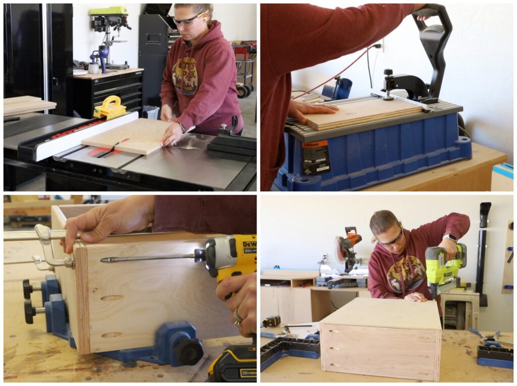 Ripping plywood and assembling drawer boxes with pocket screws and staples for a DIY storage side table