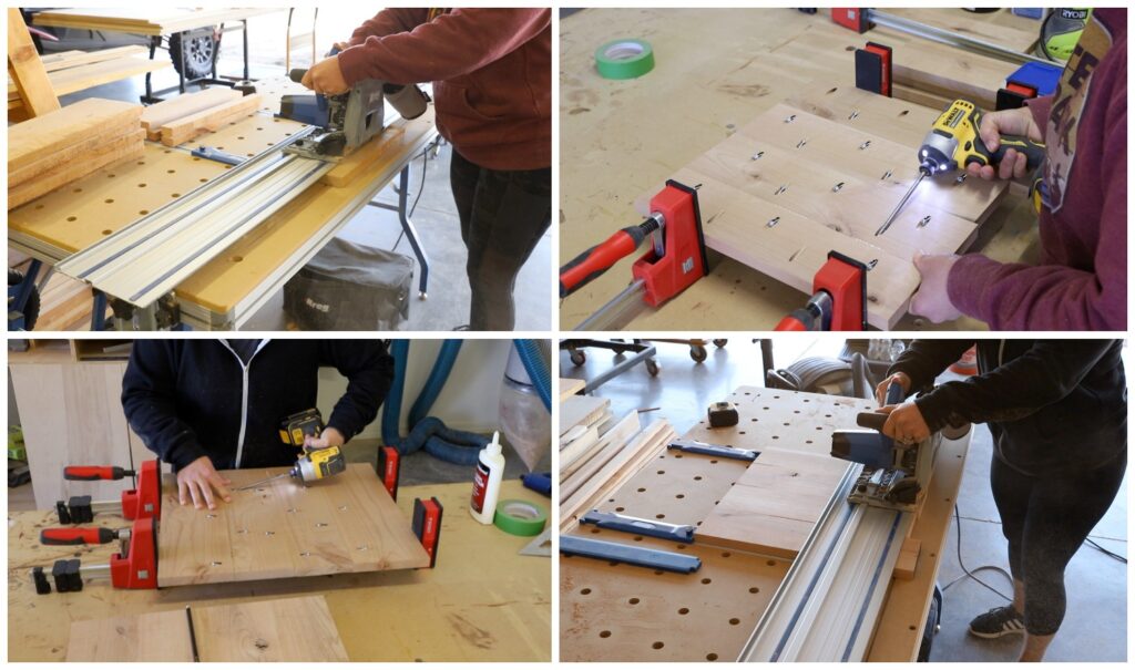 Cutting boards on a track saw and drilling pocket holes to build the side panels of a DIY side table