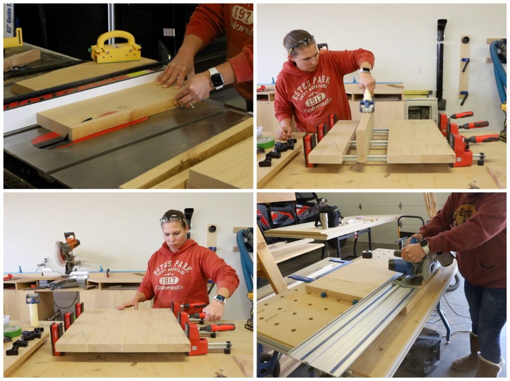 Ripping, sanding, and clamping wood boards together to build a solid wood table top for a DIY side table