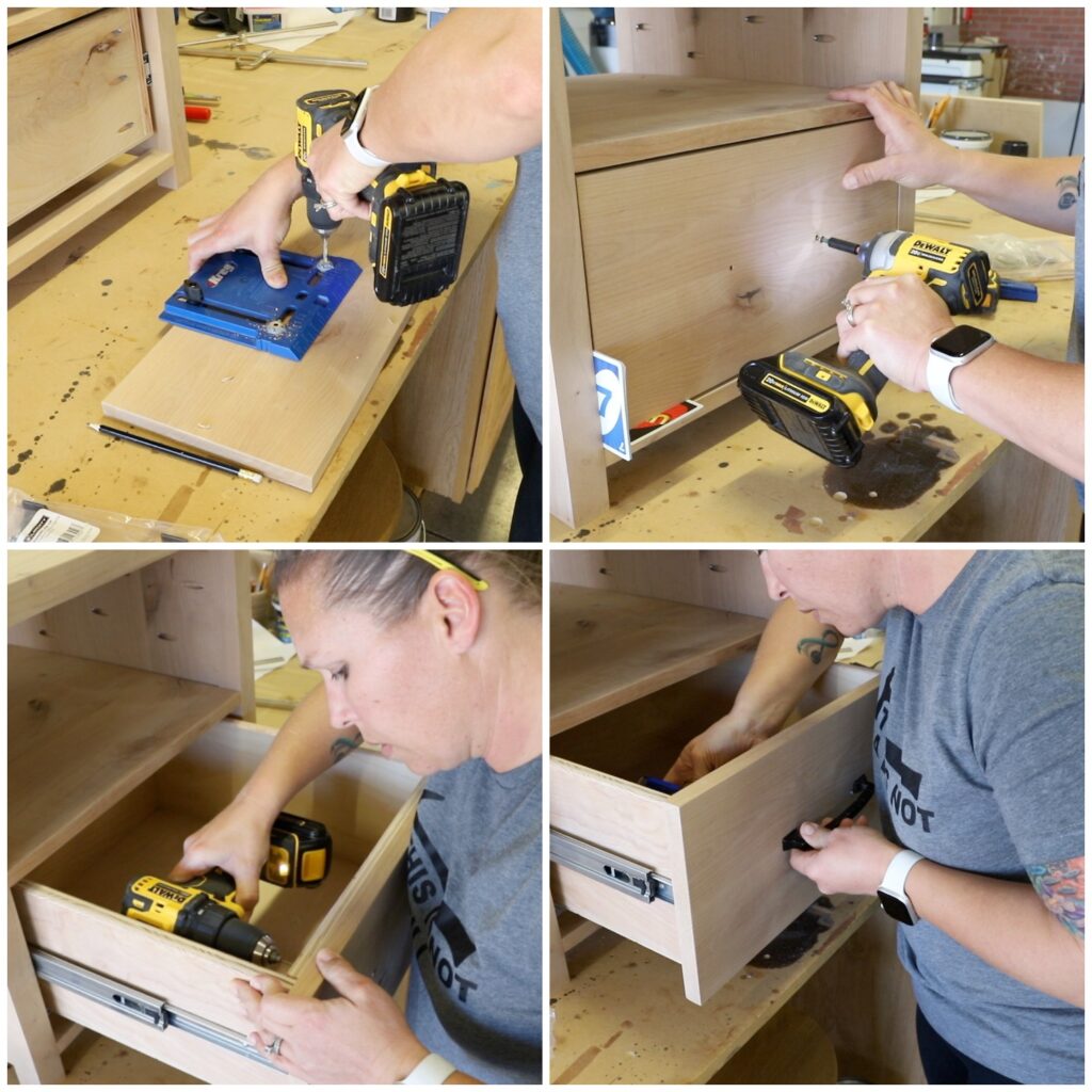Using a cabinet hardware jig to drill holes and attach a drawer front and pull to a DIY storage side table