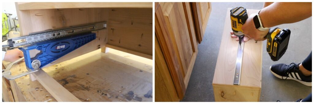 Using a Kreg drawer slide jig to install drawer slides inside a DIY side table with storage