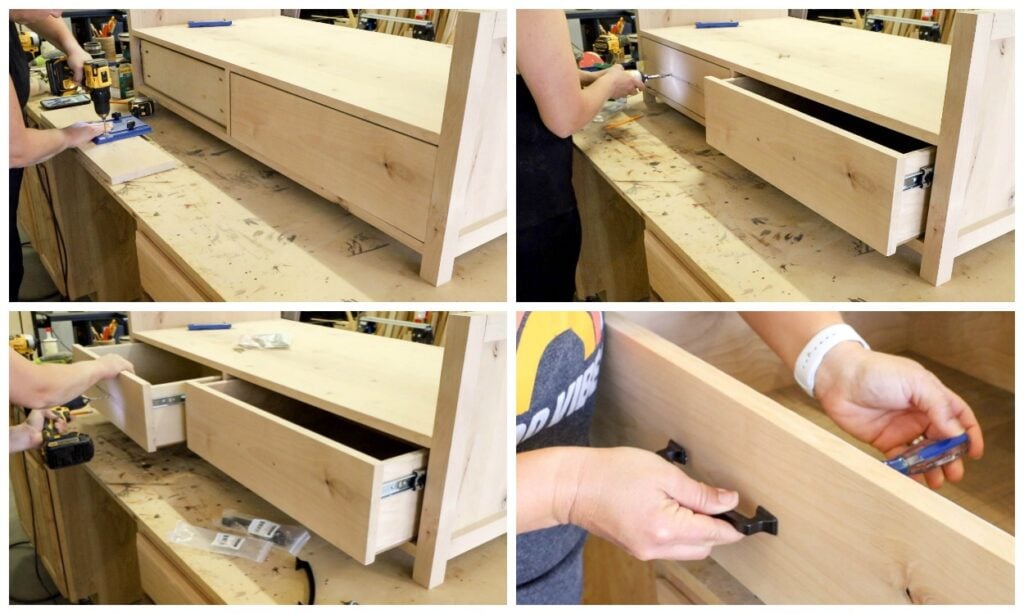 Drilling pull holes with a hardware jig, fitting drawer fronts, screwing from inside, and adding a black pull