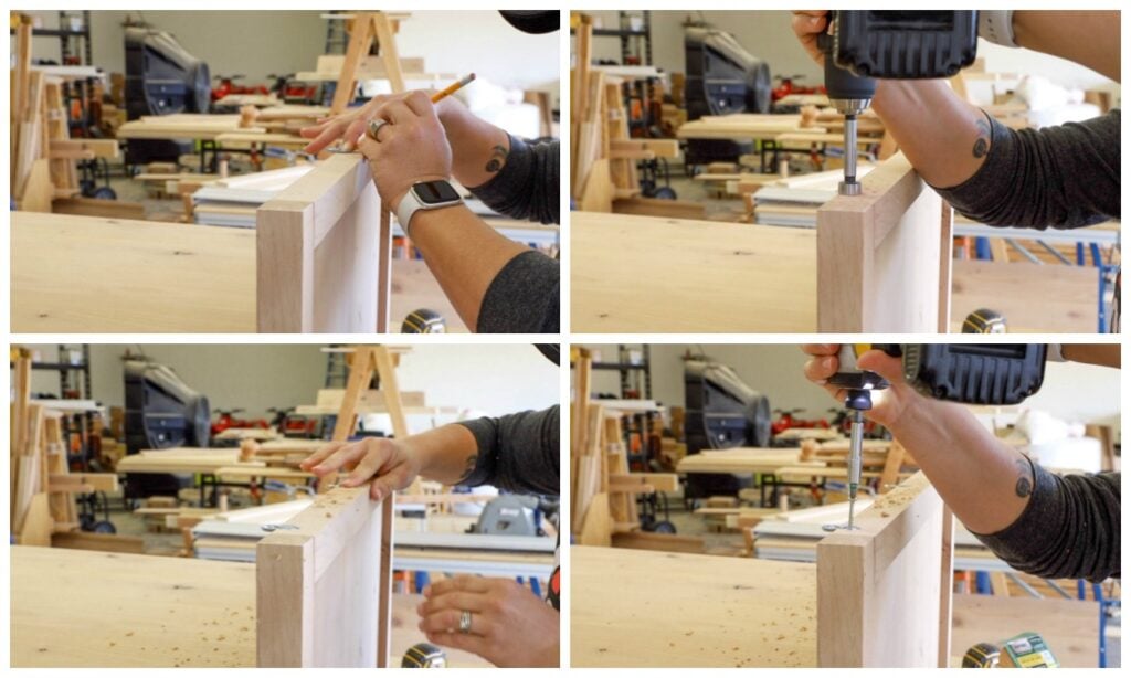 Marking, drilling with a Forstner bit, and screwing figure-8 desktop fasteners into the coffee table base