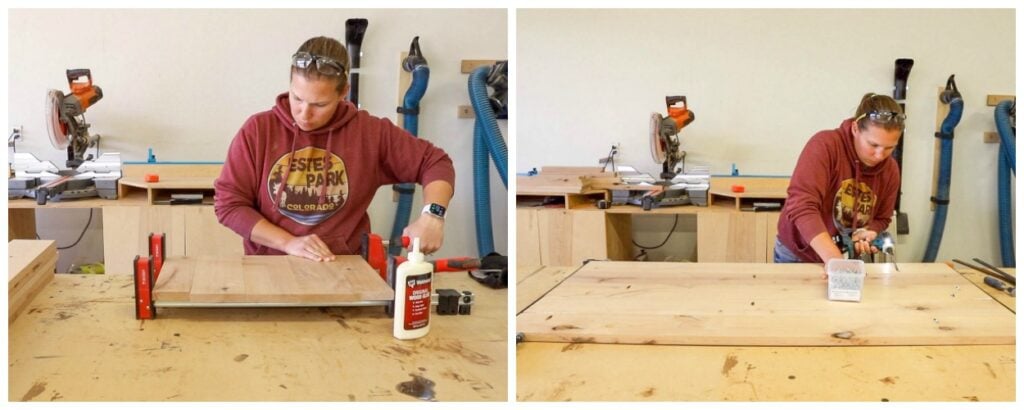 Alder boards glued and clamped into a side panel, then joined into a shelf panel with pocket screws
