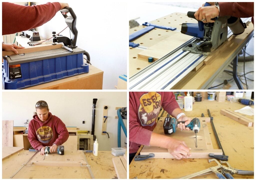 Drilling pocket holes in 2x2 supports, trimming a side panel with a track saw, and assembling the side frame