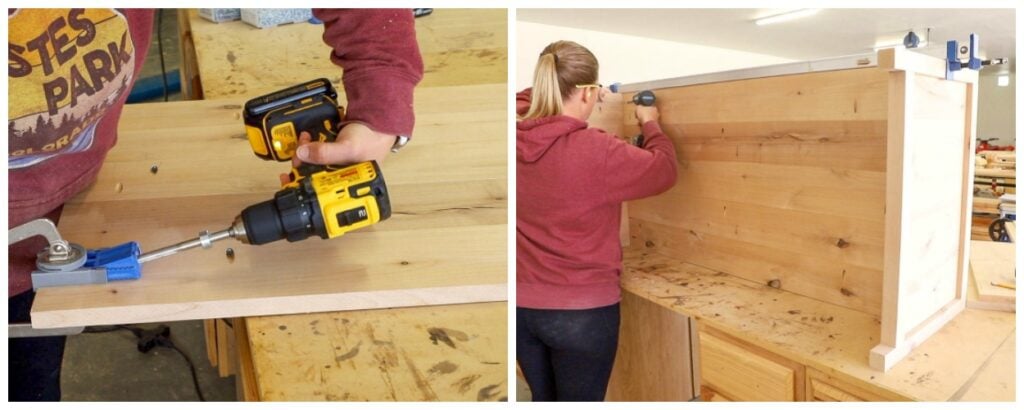 Drilling pocket holes in the shelf ends with a Kreg jig, then screwing the shelf into the coffee table side