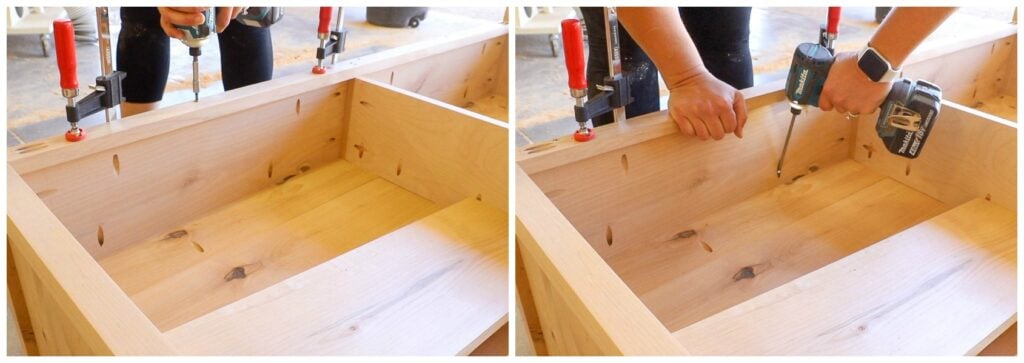 Pocket screws driven into the back panel of a coffee table with the center drawer divider in place