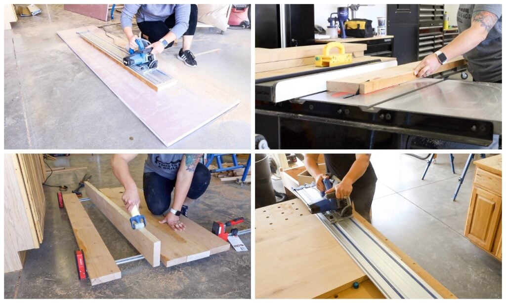 Cutting plywood with a track saw, ripping alder on a table saw, rolling glue on boards, and trimming the tabletop