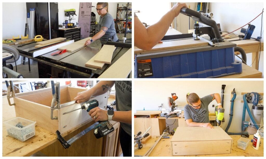 Ripping plywood drawer parts, drilling pocket holes, clamping a drawer box, and stapling on the drawer bottom