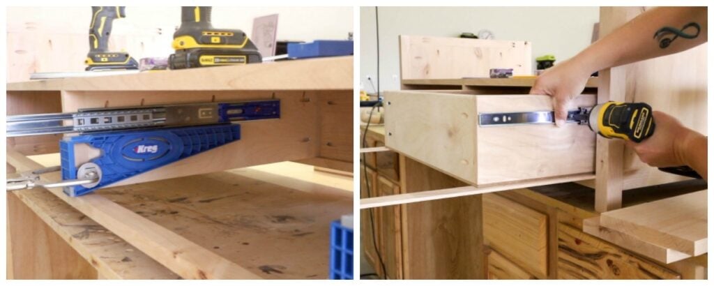 Kreg drawer slide jig holding a side-mount slide in the base, and a slide screwed to the drawer box